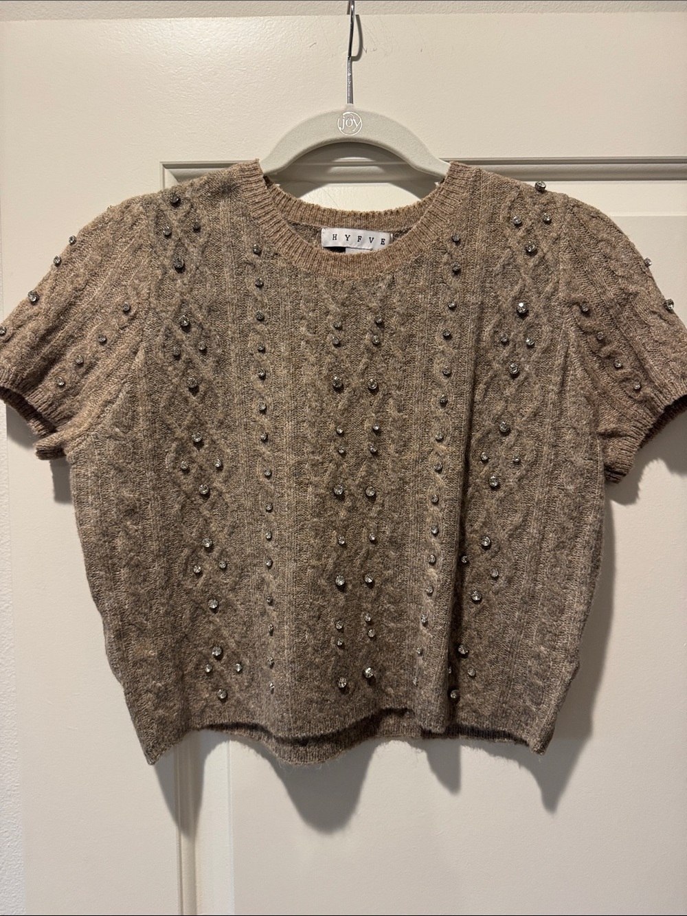 Rhinestone Short-Sleeve Knit Top in Taupe